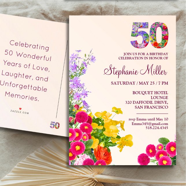 50:e födelsedagsfestens blommigt, modern 50 år par vykort (Skapare uppladdad)