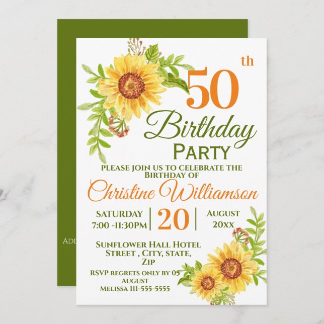 50:e Födelsedagsfestens Blommigt Solros Inbjudningar (Fram/baksida)