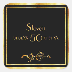 50:e födelsedagsfestens elegant svart och guld fyrkantigt klistermärke