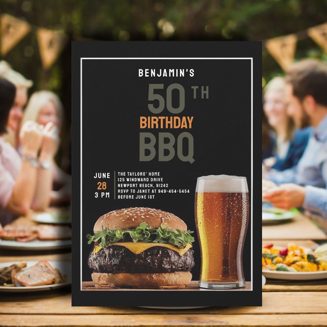 50:e Födelsedagsfestens för manar bakgård, BBQ Bla Inbjudningar (backyard bbq men 50th birthday invitation black orange burger beer elegant modern classy chic)