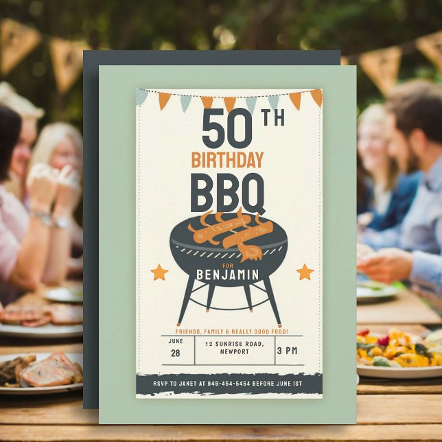 50:e Födelsedagsfestens för manar bakgård, BBQ Rus Inbjudningar (50th birthday party ideas for men outside backyard bbq summer fun personalized invitation rustic fun)