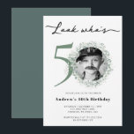 50:e Födelsedagsfestens foto Inbjudningar<br><div class="desc">Den 50:e Födelsedagsfestens vattenfärgsdesign för fotoinbjudan är en fantastisk blandning av vintage och modernt inslag som kom tillsammans skapar ett verkligt unikt och vackert konstverk. Det känsliga eukalyptus grenar, som återges i en mjuk och muterad färg palett, tillför en aning naturskönhet och ekologisk charm som framkallar en vintage, tidlös kvalitet....</div>