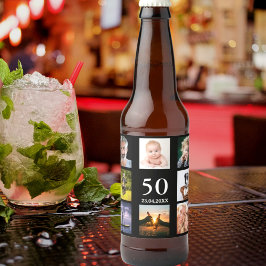 50:e födelsedagsfestens fotokollage med svart färg ölflaska etikett