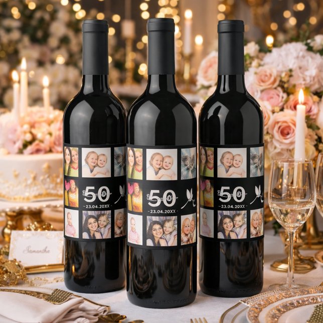 50:e födelsedagsfestens fotokollage svart vinflaska etikett (Skapare uppladdad)