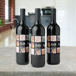 50:e födelsedagsfestens fotokollage svart vinflaska etikett