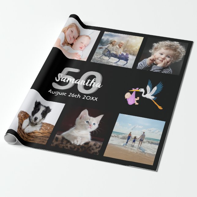 50:e födelsedagsfestens fotosamlingskvinna svart presentpapper (Utrullad)