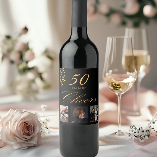 50:e födelsedagsfestens fotoskript med svart guld- vinflaska etikett (Skapare uppladdad)