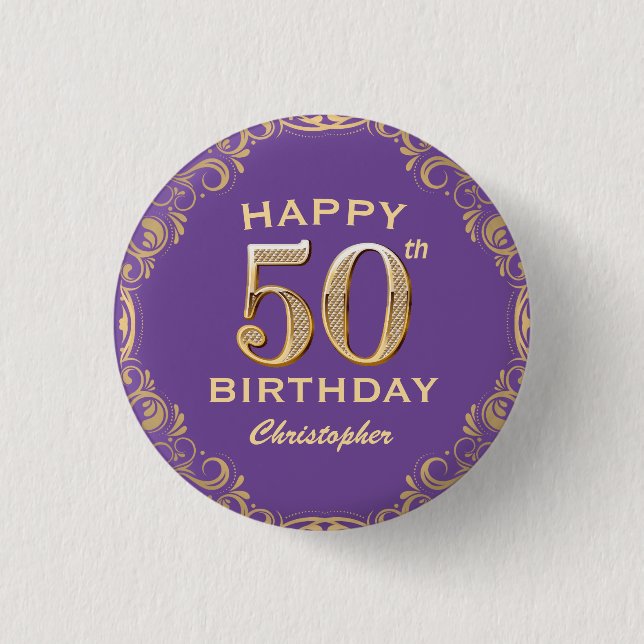 50:e Födelsedagsfestens Lila och Guld Glitter Ram Knapp (Framsida)