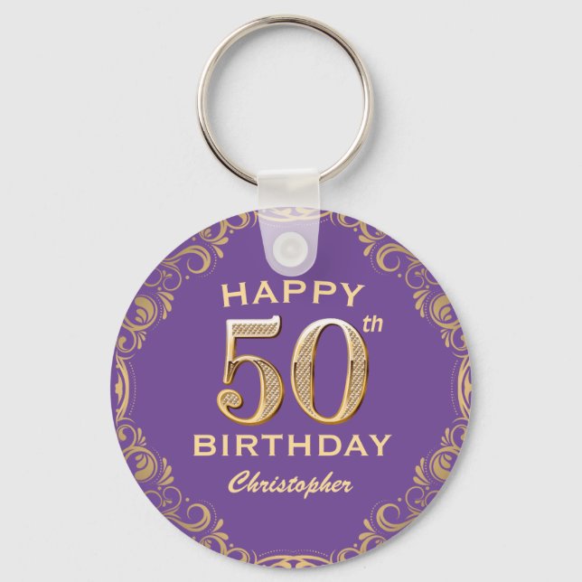 50:e Födelsedagsfestens Lila och Guld Glitter Ram Nyckelring (Framsida)