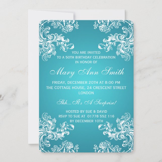 50:e Födelsedagsfestens Vintage Swirls 2 Turkos Inbjudningar (Framsida)