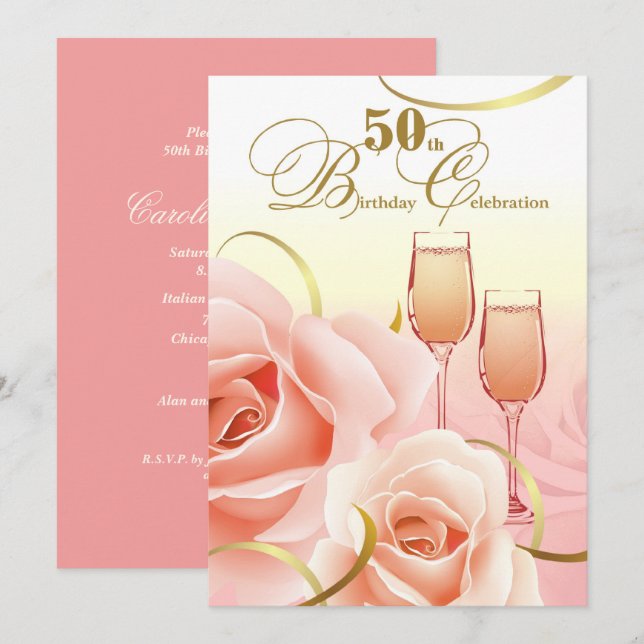 50:e födelsedagsfirandet. Rosa Peach Ro Inbjudningar (Fram/baksida)