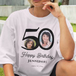 50:e födelsedagsfotot namn personlig t shirt<br><div class="desc">Trendig fet typografi 50 år kvinnlig födelsedag lustig t-shirt-personlig-mall med 2 foton och moderna stil svarta skript. Enkel att anpassa med text och bilder.</div>