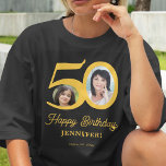 50:e födelsedagsfotot namn personlig t shirt<br><div class="desc">Trendig fet typografi 50 år kvinnlig födelsedag lustig mörk t-shirt-mall för personlig med 2 foton och ett modernt rectro stil guld-skript. Enkel att anpassa med text och bilder.</div>