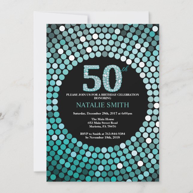 50:e födelsedagsinbjudan Black and Teal Glitter Inbjudningar (Framsida)