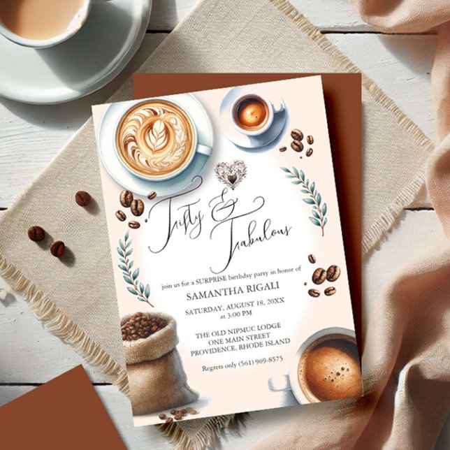 50:e födelsedagsinbjudan Coffee Thmet Inbjudningar (50th birthday party invitations watercolor illustrated coffee theme by Victoria Grigaliunas )