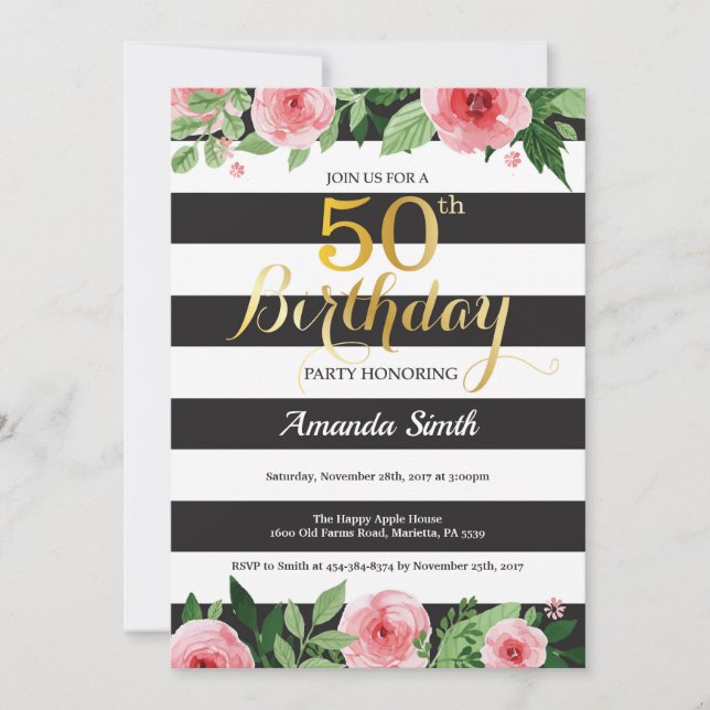 50:e födelsedagsinbjudan Kvinnor. Blommigt Guld Bl Inbjudningar (Framsida)