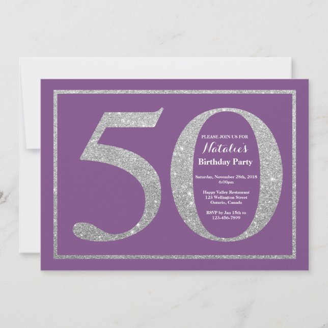 50:e födelsedagsinbjudan Lila och Silver Glitter Inbjudningar (Framsida)