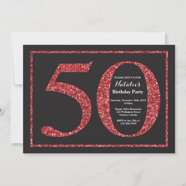 50:e födelsedagsinbjudan Red Glitter Chalkboard Inbjudningar (Framsida)