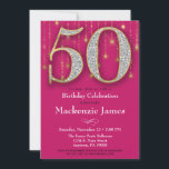 50:e födelsedagsinbjudan Rosa Guld Diamonds Vuxen Inbjudningar<br><div class="desc">En 50:e födelsedagsfest inbjudan-elegant i shock rosa och guld,  med 50 stora diamanter och guld utseendet tillsammans med en glitterridå i guld ljus. För 50-årskvinnan i ditt liv.</div>