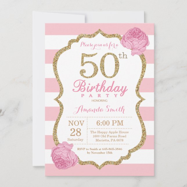 50:e födelsedagsinbjudan Rosa och Guld Blommigt Inbjudningar (Framsida)