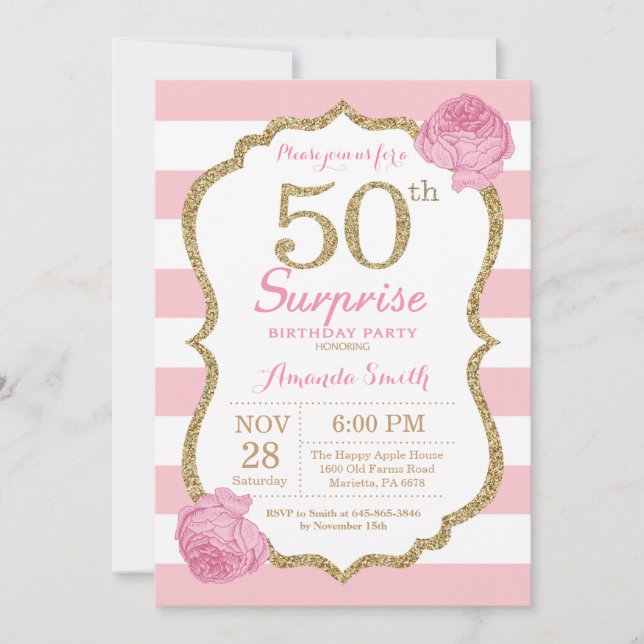 50:e födelsedagsinbjudan Rosa och Guld Inbjudningar (Framsida)