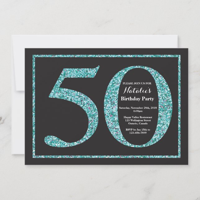 50:e födelsedagsinbjudan Teal Glitter kalkboard Inbjudningar (Framsida)