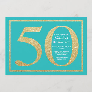 50:e födelsedagsinbjudan Teal och Guld Glitter Inbjudningar