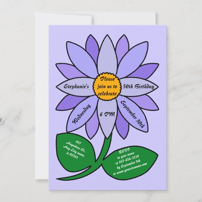 50:e födelsedagsinbjudan till enkel Lila Solrosblo Inbjudningar (Framsida)