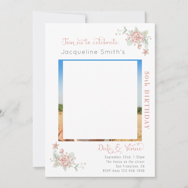 50:e födelsedagsinbjudan till fotofoto Blommigt Inbjudningar (Framsida)