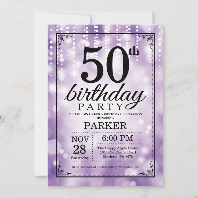 50:e födelsedagsinbjudan till Lila Glitter Inbjudningar (Framsida)