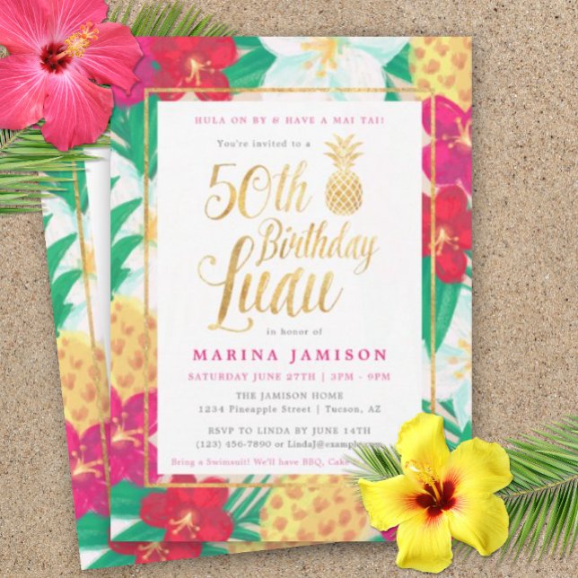 50:e födelsedagsinbjudan till Luau | Rosa och Guld Inbjudningar (50th Birthday Luau)