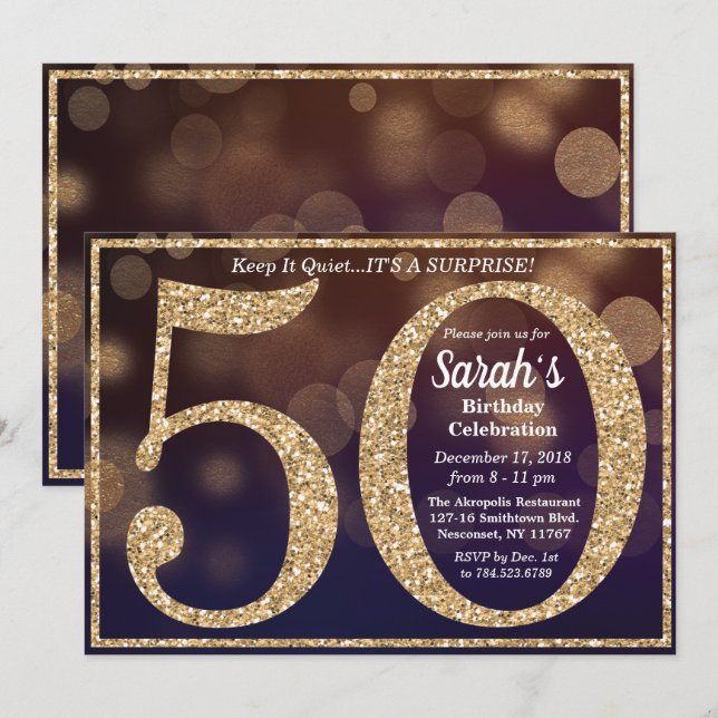 50:e födelsedagsinbjudan till milstolpen Glitter Inbjudningar (Fram/baksida)