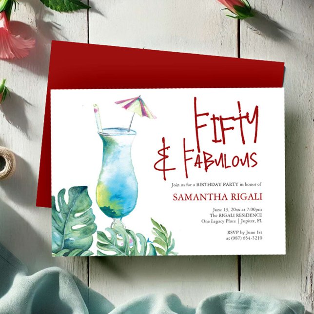50:e födelsedagsinbjudan Tropical Cocktail Inbjudningar (50th birthday invitations tropical cocktail and palm leaf watercolor art by Victoria Grigaliunas)