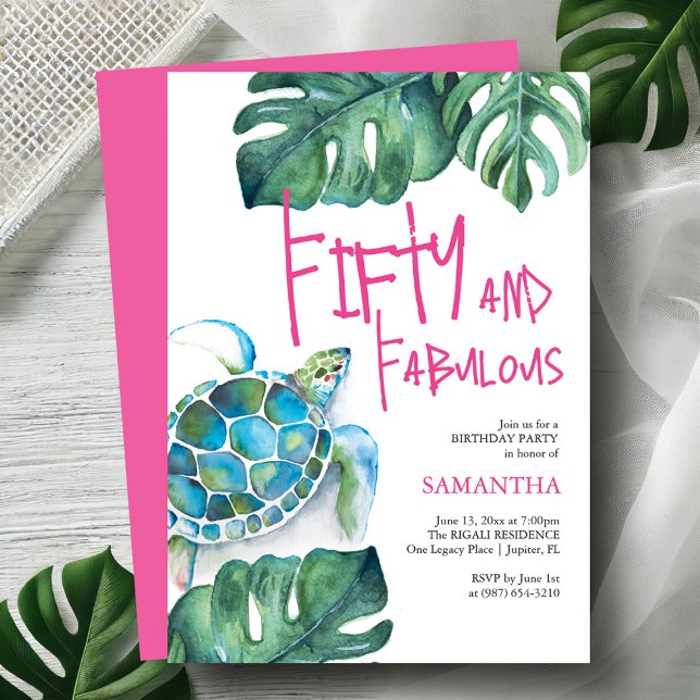 50:e födelsedagsinbjudan: Vattenfärgssköldpadda Inbjudningar (Fiftieth birthday invitations watercolor sea turtle and palm leaf art by Victoria Grigaliunas )