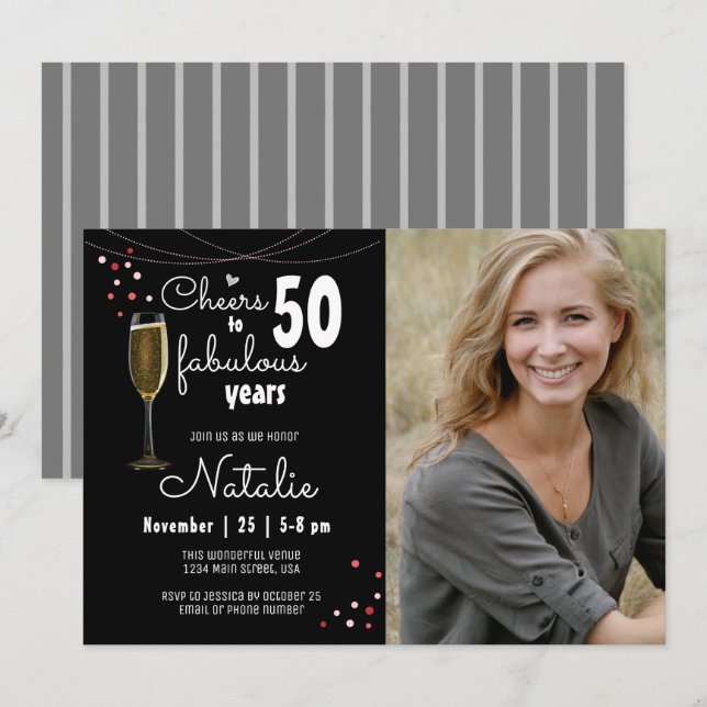 50:e födelsedagskalan - 50:e Fabulous Years Black Inbjudningar (Fram/baksida)