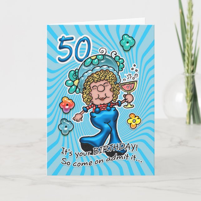 50:e födelsedagskortet - Roligt Dam med glas från  Kort (Framsida)
