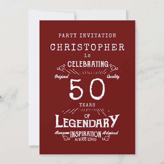 50:e födelsedagslegendary Red Add Namn Legend Inbjudningar (Framsida)