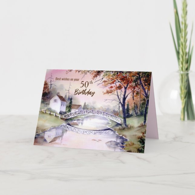 50:e födelsedagsmålning i Arched Bridge Watercolor Kort (Framsida)