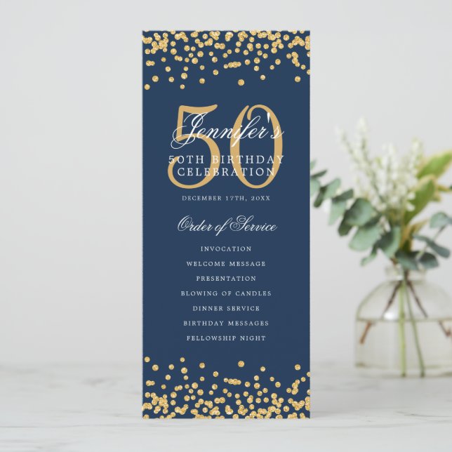 50:e födelsedagsmenyn - Tack för Guld-marinblått Inbjudningar (Stående Fram)