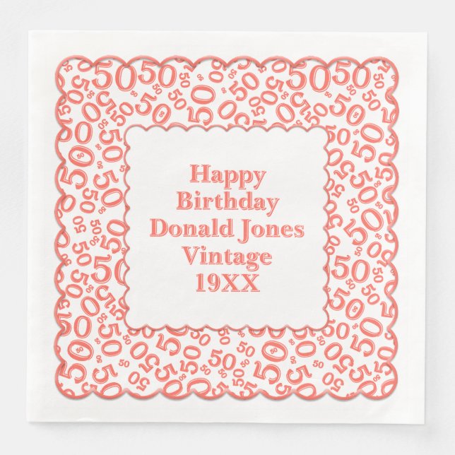 50:e födelsedagsnumret Mönster Scallops Coral/Whit Pappersservett (Framsida)