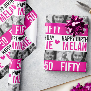 50:e födelsedagspresensfoto rosa svartvit rand presentpapper