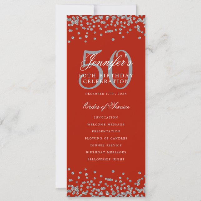 50:e födelsedagsprogrammet Silver Confetti Menu Re Inbjudningar (Framsida)