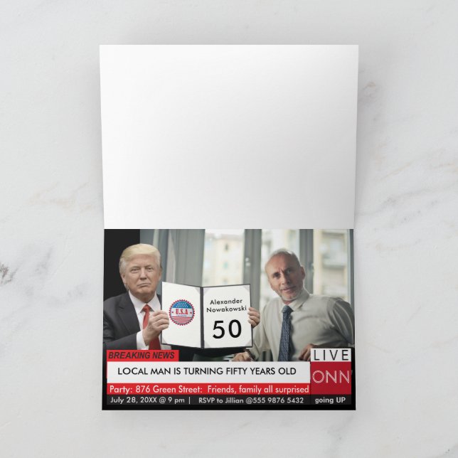 50:e födelsedagsresumpan Manar Funny TV News Inbjudan (Inuti)