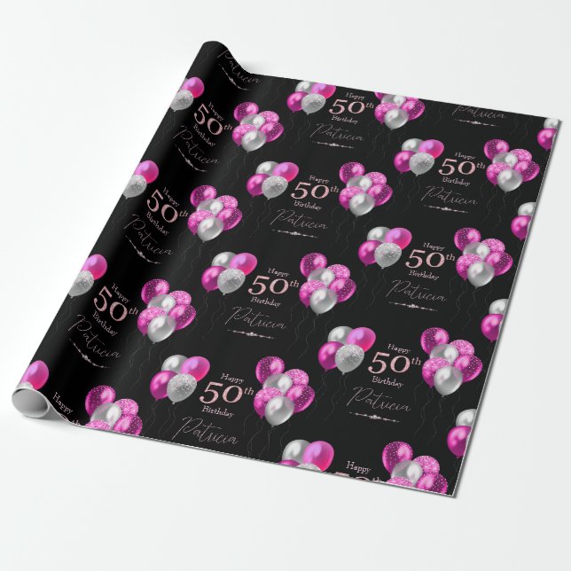 50:e födelsedagstidningen Black and Rosa Glitter B Presentpapper (Utrullad)