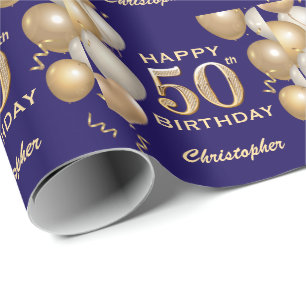 50:e födelsedagstidningen Blue- och Guld Glitter-b Presentpapper