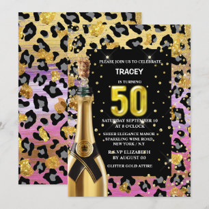 50:e glam diva rosa guld leopard safari print inbjudningar
