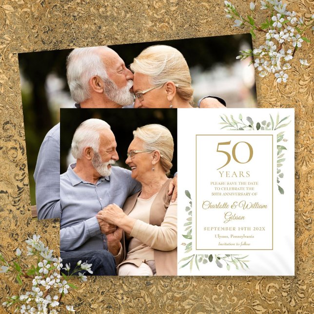 50:e Golden Bröllop-årsdagen Greenery 2 Foton Spara Datumet (50th Golden Wedding Anniversary Greenery 2 Photos Save The Date)