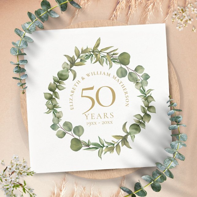 50:e Golden Bröllop-årsdagen Greenery Garland Pappersservett (50th Golden Wedding Anniversary Greenery Garland Napkins)