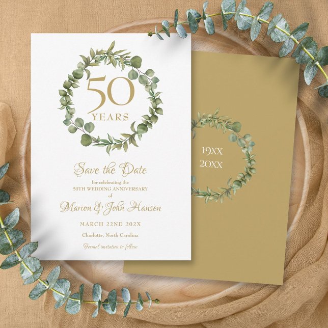 50:e Golden Bröllop-årsdagen Greenery Garland Spara Datumet (50th Golden Wedding Anniversary Greenery Garland Save The Date)