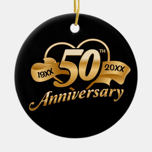 50:e Golden Bröllop-årsdagen Heart Julgransprydnad Keramik (Framsidan)